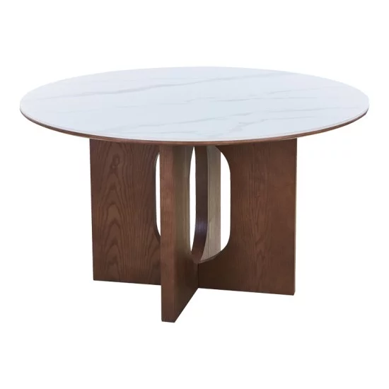 Τραπέζι Merge  sintered stone-mdf σε λευκό μαρμάρου με καρυδί βάση Φ130x75εκ