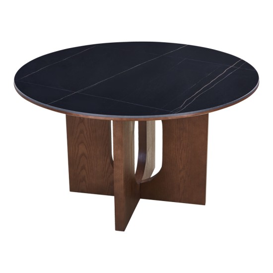 Τραπέζι Merge  sintered stone-mdf σε μαύρο μαρμάρου με καρυδί βάση Φ130x75εκ
