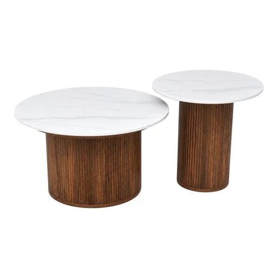 Τραπέζι σαλονιού Skerta  σετ 2τεμ λευκό sintered stone mdf με καρυδί βάση