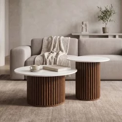Τραπέζι σαλονιού Skerta  σετ 2τεμ λευκό sintered stone mdf με καρυδί βάση