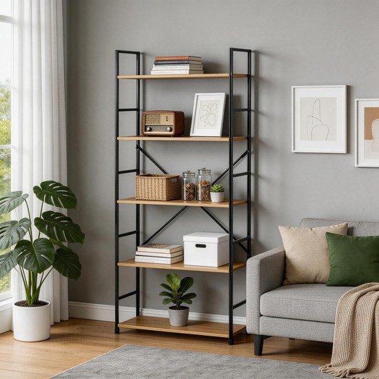 Βιβλιοθήκη Manlo  oak με μαύρο μέταλλο 58.6x23.5x144εκ