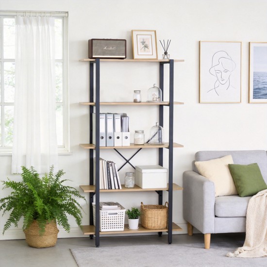 Βιβλιοθήκη Nebranzo  oak με μαύρο μέταλλο 80x34x155.3εκ