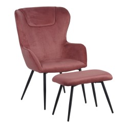 Πολυθρόνα με υποπόδιο Rueda  βελούδο σε σάπιο μήλο απόχρωση με μαύρα μεταλλικά πόδια 71.5x66.5x99εκ