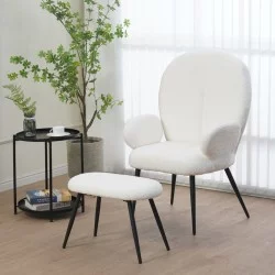 Πολυθρόνα με υποπόδιο Qarar  μπουκλέ ύφασμα σε λευκή απόχρωση με μαύρα μεταλλικά πόδια 67.5x67.5x106εκ