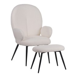 Πολυθρόνα με υποπόδιο Qarar  μπουκλέ ύφασμα σε λευκή απόχρωση με μαύρα μεταλλικά πόδια 67.5x67.5x106εκ