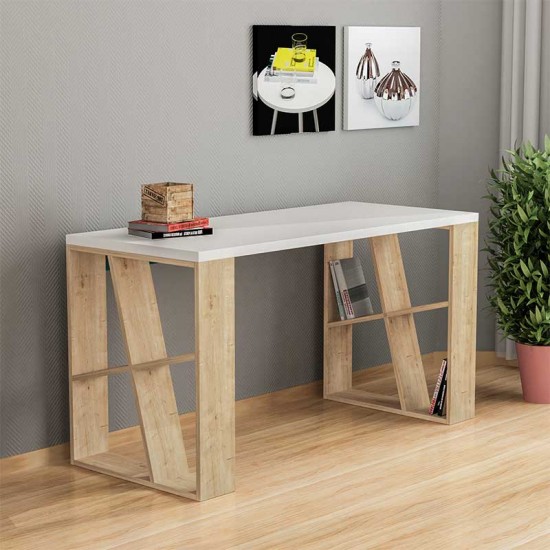 Γραφείο Honey  χρώμα λευκό - light oak 140x60x75εκ