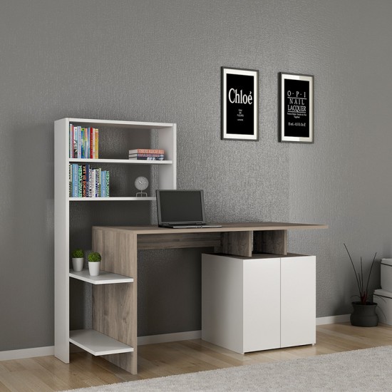 Γραφείο με βιβλιοθήκη Melis pakoworld γκρι-μπεζ-λευκό 146x60x129εκ Model: 120-000081