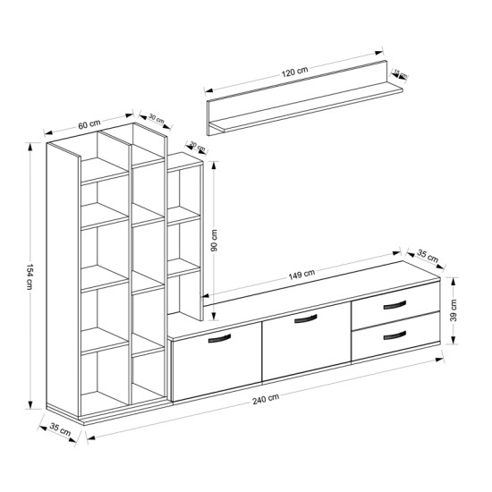 Σύνθεση σαλονιού Leman  σε λευκή-oak απόχρωση 240x35x154εκ