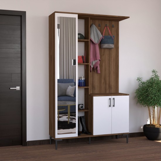 Έπιπλο εισόδου Melena  με καθρέπτη-κρεμάστρα λευκό-καρυδί 120x37.5x199εκ