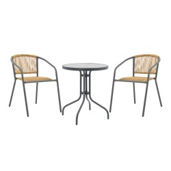 Tραπεζαρία Watson-Lindaria  σετ 3τεμ μέταλλο ανθρακί-γυαλί- pe rattan σε φυσική απόχρωση Φ60x70εκ