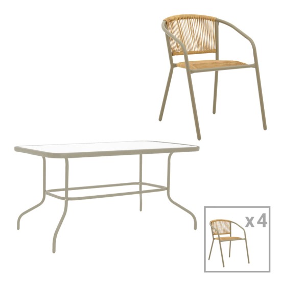 Τραπεζαρία Valor-Lindaria  σετ 5τεμ μέταλλο σε σαμπανιζέ και pe rattan σε φυσική απόχρωση 110x60x70εκ