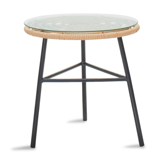 Τραπέζι Gaus pakoworld μέταλλο μαύρο-pe φυσικό-γυαλί Φ45x46εκ Model: 140-000038