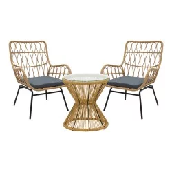 Σαλόνι Naoki-Mabil  σετ 3τεμ pe rattan σε φυσική απόχρωση με μαύρο μέταλλο