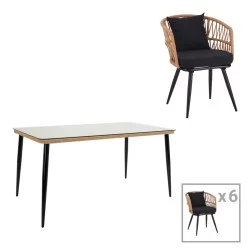 Τραπεζαρία Naoki σετ 7 τεμ  μέταλλο μαύρο-pe φυσικό-γυαλί 160x90x78εκ