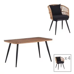 Τραπεζαρία Naoki σετ 5 τεμ  γυάλινο- pe rattan σε φυσική απόχρωση με μαυρα πόδια 140x80x78εκ