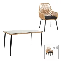 Τραπεζαρία Naoki-Tanish σετ 7τεμ  μέταλλο μαύρο-pe φυσικό-γυαλί 160x90x78εκ