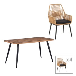 Τραπεζαρία Naoki-Tanish σετ 5 τεμ  γυάλινο- pe rattan σε φυσική απόχρωση με μαυρα πόδια 140x80x78εκ