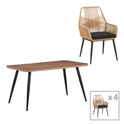 Τραπεζαρία Naoki-Tanish σετ 5 τεμ  γυάλινο- pe rattan σε φυσική απόχρωση με μαυρα πόδια 140x80x78εκ