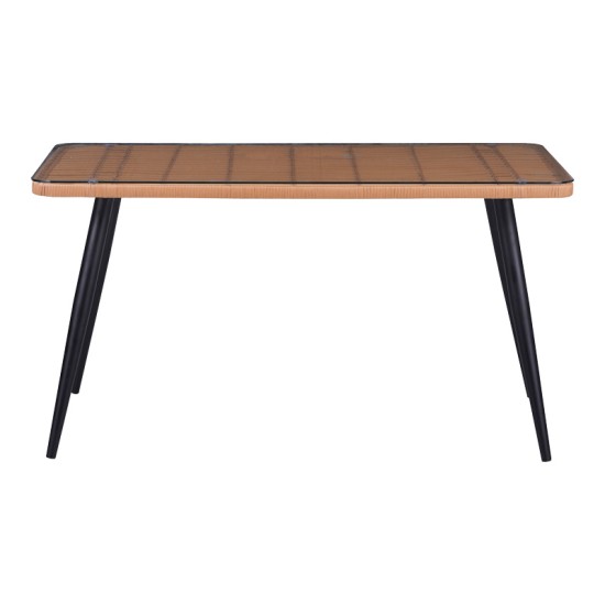 Τραπεζαρία Naoki-Tanish σετ 5 τεμ  γυάλινο- pe rattan σε φυσική απόχρωση με μαυρα πόδια 140x80x78εκ