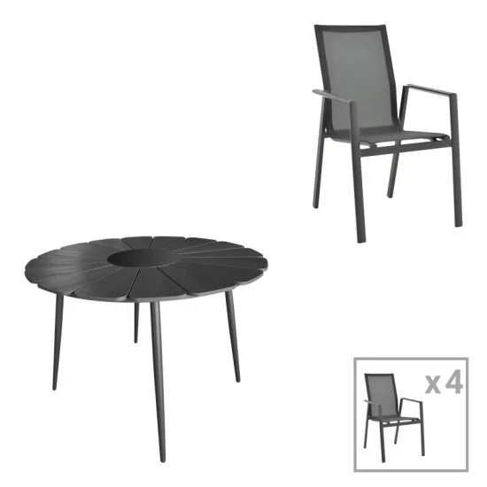 Τραπεζαρία Pinap-Dashiell σετ 5τεμ  μαύρο αλουμίνιο και plywood σε μαύρη απόχρωση Φ110x74εκ