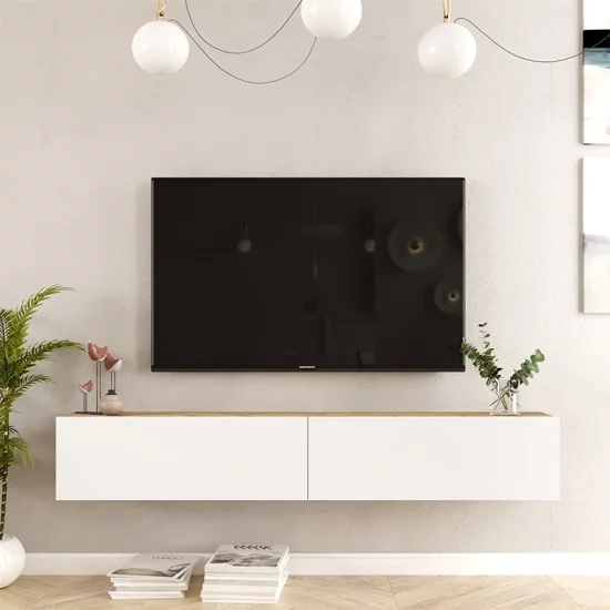 Έπιπλο τηλεόρασης επιτοίχιο Dello  λευκό-oak 180x31.6x29.6εκ