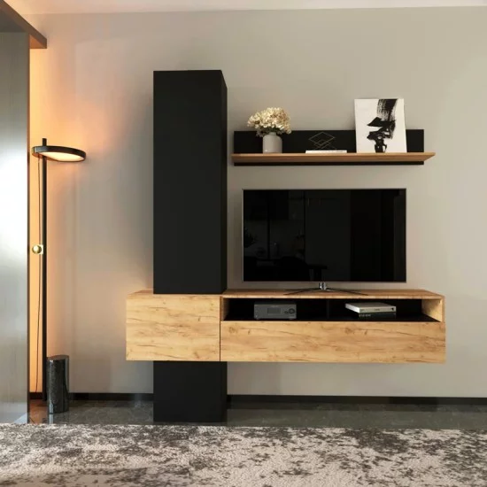 Σύνθετο σαλονιού Wendy  σε oak-μαύρη απόχρωση 195.1x37.3x219.1εκ