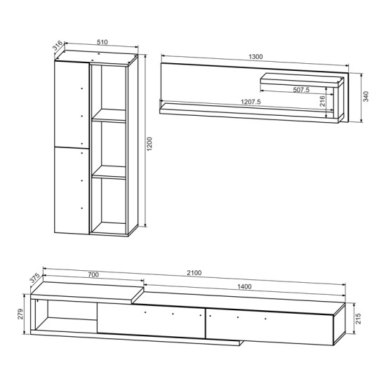 Σύνθετο σαλονιού Calvados  σε oak-ανθρακί απόχρωση