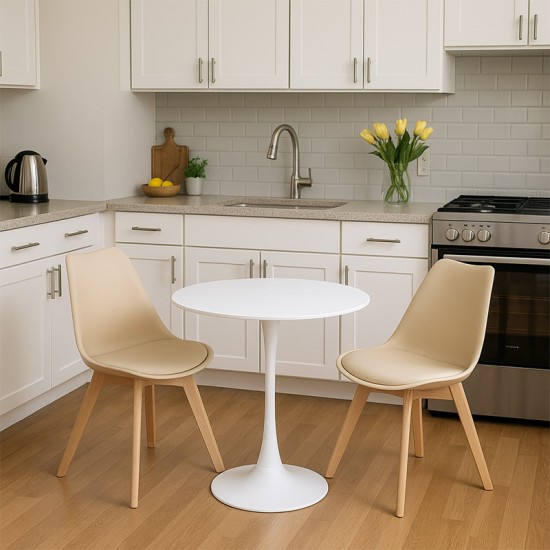 Τραπεζαρία Elijah-Gaston  σετ 3τεμ pp-pu σε taupe-λευκή απόχρωση με φυσικό πόδι Φ60x74εκ