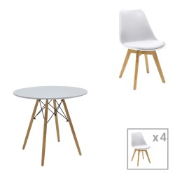 Τραπεζαρία Julita-Gaston σετ 5τεμ  MDF και ξύλο οξιάς σε λευκή-φυσική απόχρωση Φ80x73εκ