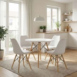 Τραπεζαρία Julita σετ 5τεμ  MDF και ξύλο οξιάς σε λευκή-φυσική απόχρωση Φ80x73εκ