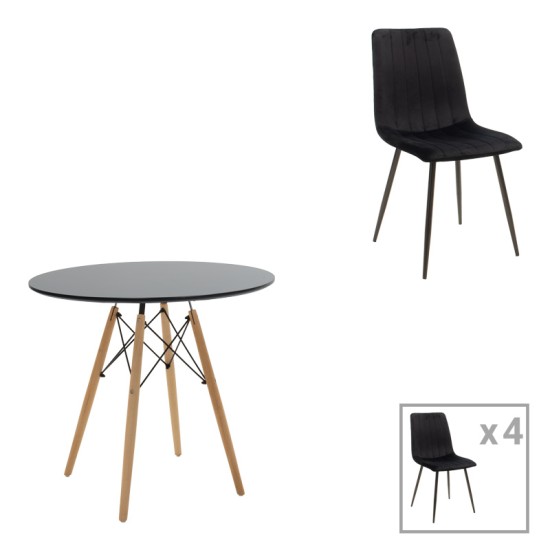 Τραπεζαρία Julita-Noor σετ 5τεμ MDF μαύρο-πόδια φυσικό Φ80x73εκ Τραπεζαρία Julita-Noor σετ 5τεμ MDF μαύρο-πόδια φυσικό Φ80x73εκ