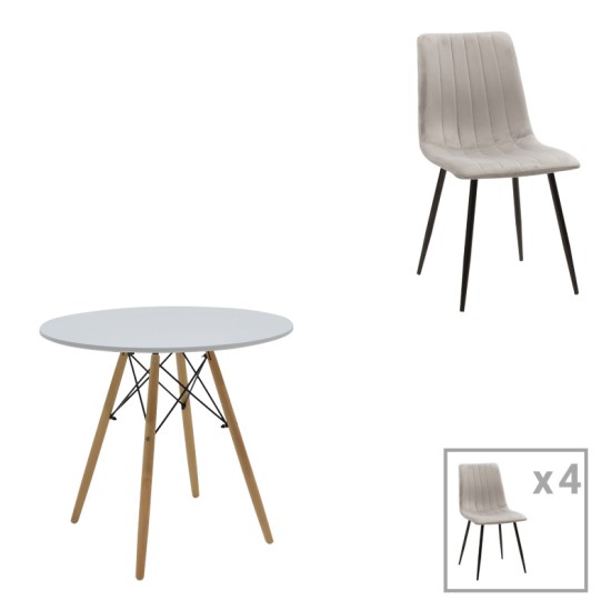 Τραπεζαρία Julita-Noor σετ 5τεμ MDF λευκό-γκρι-πόδια φυσικό Φ80x73εκ Τραπεζαρία Julita-Noor σετ 5τεμ MDF λευκό-γκρι-πόδια φυσικό Φ80x73εκ