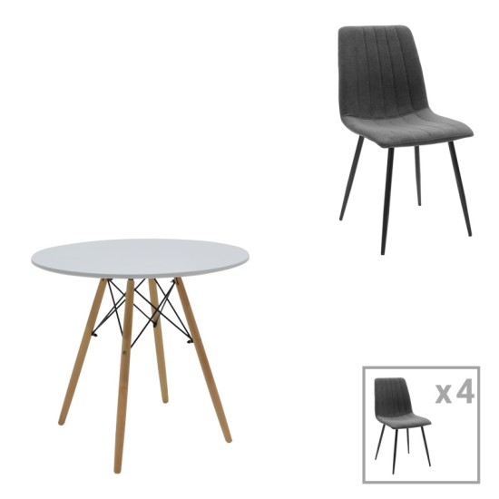 Τραπεζαρία Julita-Noor σετ 5τεμ MDF λευκό-ανθρακί-πόδια φυσικό Φ80x73εκ Τραπεζαρία Julita-Noor σετ 5τεμ MDF λευκό-ανθρακί-πόδια φυσικό Φ80x73εκ