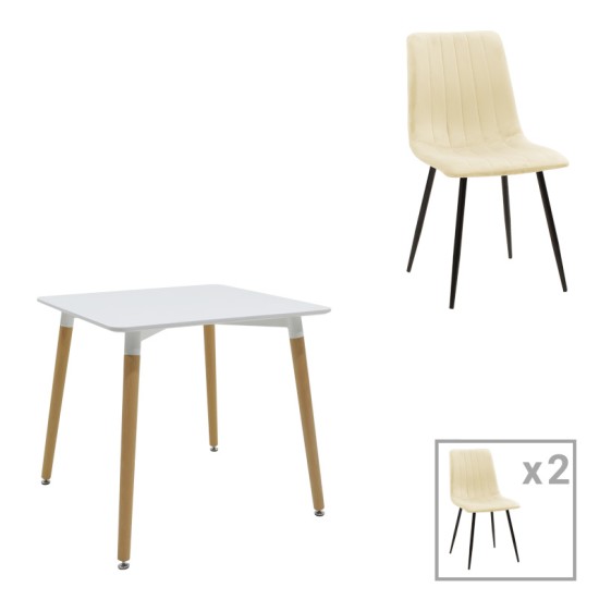 Τραπεζαρία Natali-Noor σετ 3τεμ MDF λευκό-μπεζ ύφασμα 80x80x76εκ Τραπεζαρία Natali-Noor σετ 3τεμ MDF λευκό-μπεζ ύφασμα 80x80x76εκ