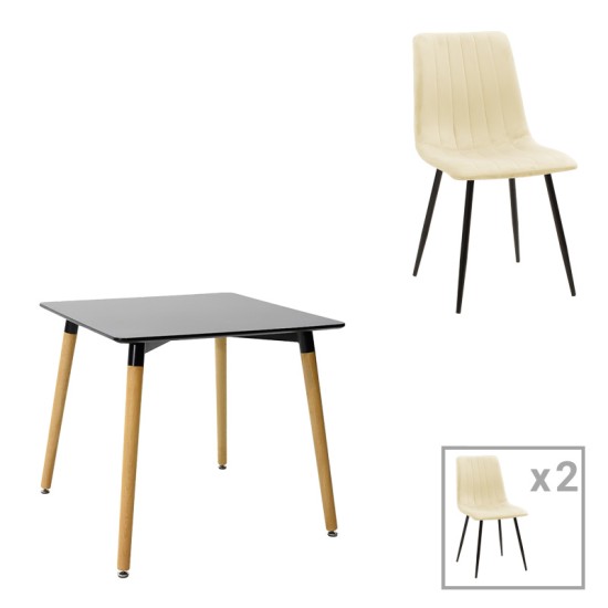 Τραπεζαρία Natali-Noor σετ 3τεμ MDF μαύρο-μπεζ ύφασμα 80x80x76εκ Τραπεζαρία Natali-Noor σετ 3τεμ MDF μαύρο-μπεζ ύφασμα 80x80x76εκ