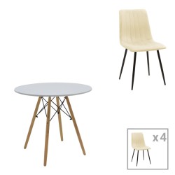 Τραπεζαρία Julita-Noor  σετ 5τεμ MDF λευκό-μπεζ ύφασμα Φ80x73εκ