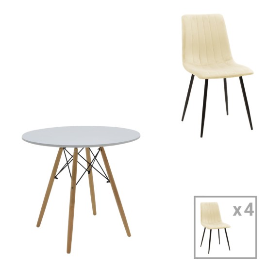 Τραπεζαρία Julita-Noor σετ 5τεμ MDF λευκό-μπεζ ύφασμα Φ80x73εκ Τραπεζαρία Julita-Noor σετ 5τεμ MDF λευκό-μπεζ ύφασμα Φ80x73εκ