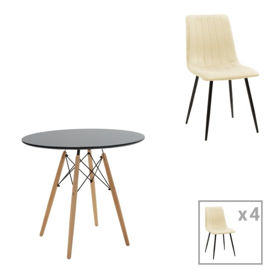 Τραπεζαρία Julita-Noor σετ 5τεμ MDF μαύρο-μπεζ ύφασμα Φ80x73εκ Τραπεζαρία Julita-Noor σετ 5τεμ MDF μαύρο-μπεζ ύφασμα Φ80x73εκ