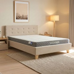 Κρεβάτι με στρώμα Mago-Dreamer  ύφασμα εκρού - ξύλινο πόδι σε φυσική απόχρωση 160x200εκ