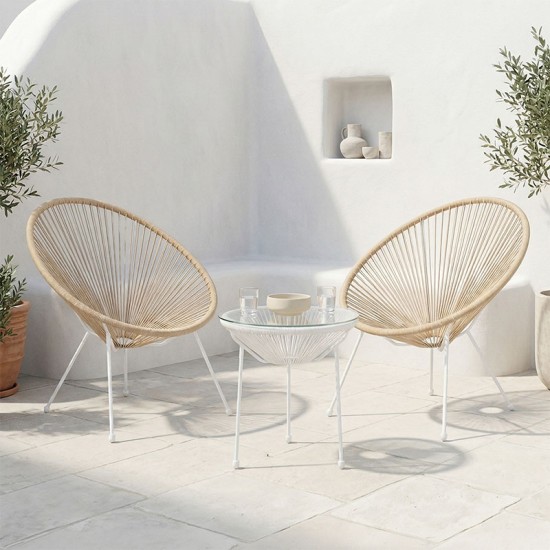 Σαλόνι Εξωτερικού Χώρου Acapulco   Σετ 3τεμ pe rattan σε φυσική απόχρωση με λευκό μέταλλο Φ50x52εκ