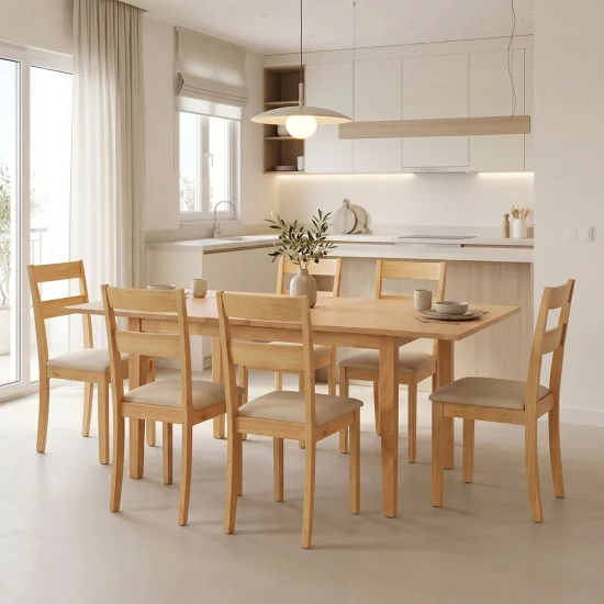 Τραπεζαρία Dallan Country  7τεμ σε φυσική απόχρωση rubberwood 120-150x80x74εκ