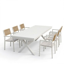 Τραπεζαρία Dagyn Savor  σετ 7τεμ λευκό αλουμίνιο με textline PE rattan σε φυσική απόχρωση 180-240x90x76εκ