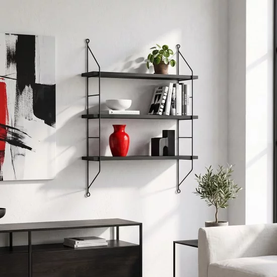 Ραφιέρα τοίχου Vender   ανθρακί με μαύρο μέταλλο 60x15x70εκ