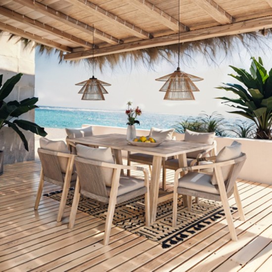Τραπεζαρία Malibu  7τμχ μασίφ ξύλο ακακίας-ύφασμα μπεζ