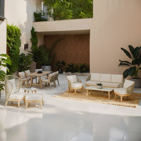 Τραπεζαρία Malibu  5τμχ μασίφ ξύλο ακακίας-ύφασμα μπεζ
