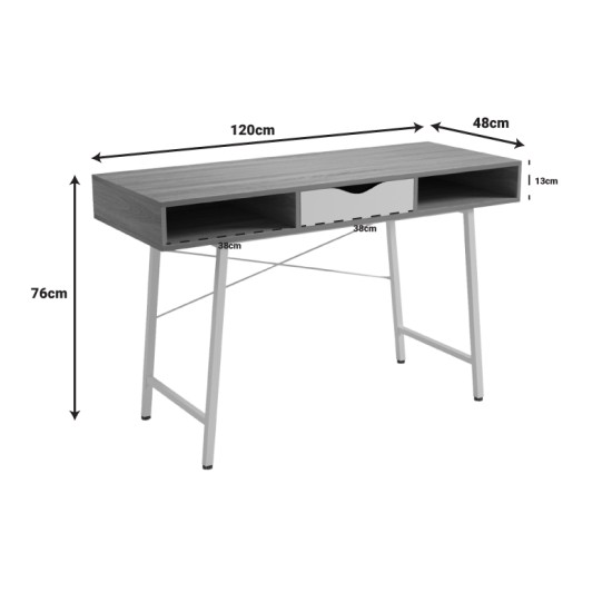 Γραφείο εργασίας Komo  σε sonoma-λευκή απόχρωση με λευκά μεταλλικά πόδια 120x48x76εκ