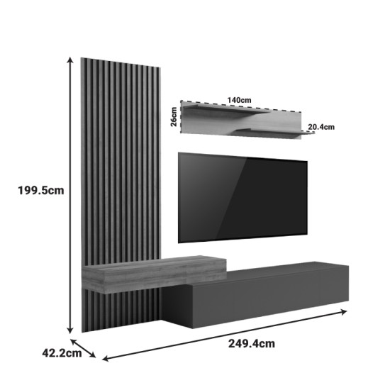 Σύνθετο σαλονιού Litende  σε ανθρακί-oak απόχρωση 249.4x42.2x199.5εκ