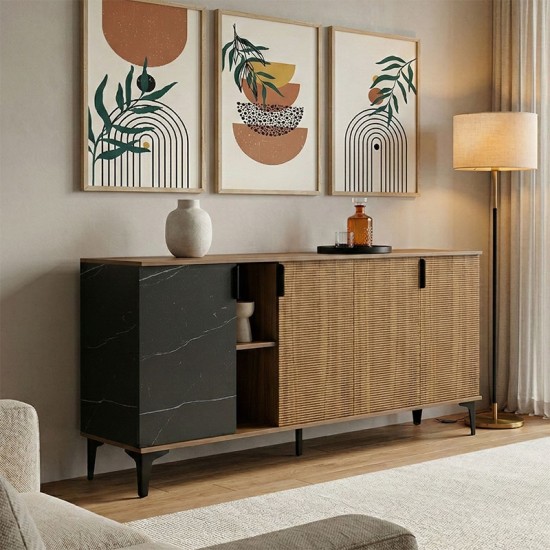 Μπουφές Riba  καρυδί-μαύρη όψη μαρμάρου 180x40x78εκ