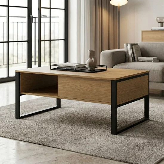 Τραπέζι σαλονιού Bendon  ανοιχτό καρυδί - μαύρο μέταλλο 100x60x44.5εκ
