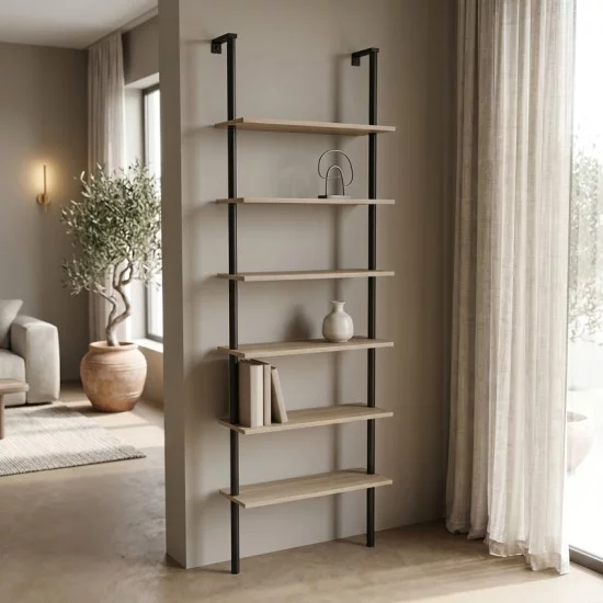 Βιβλιοθήκη επιτοίχια Dimmo  sonoma-μαύρο μέταλλο 60x20x180εκ